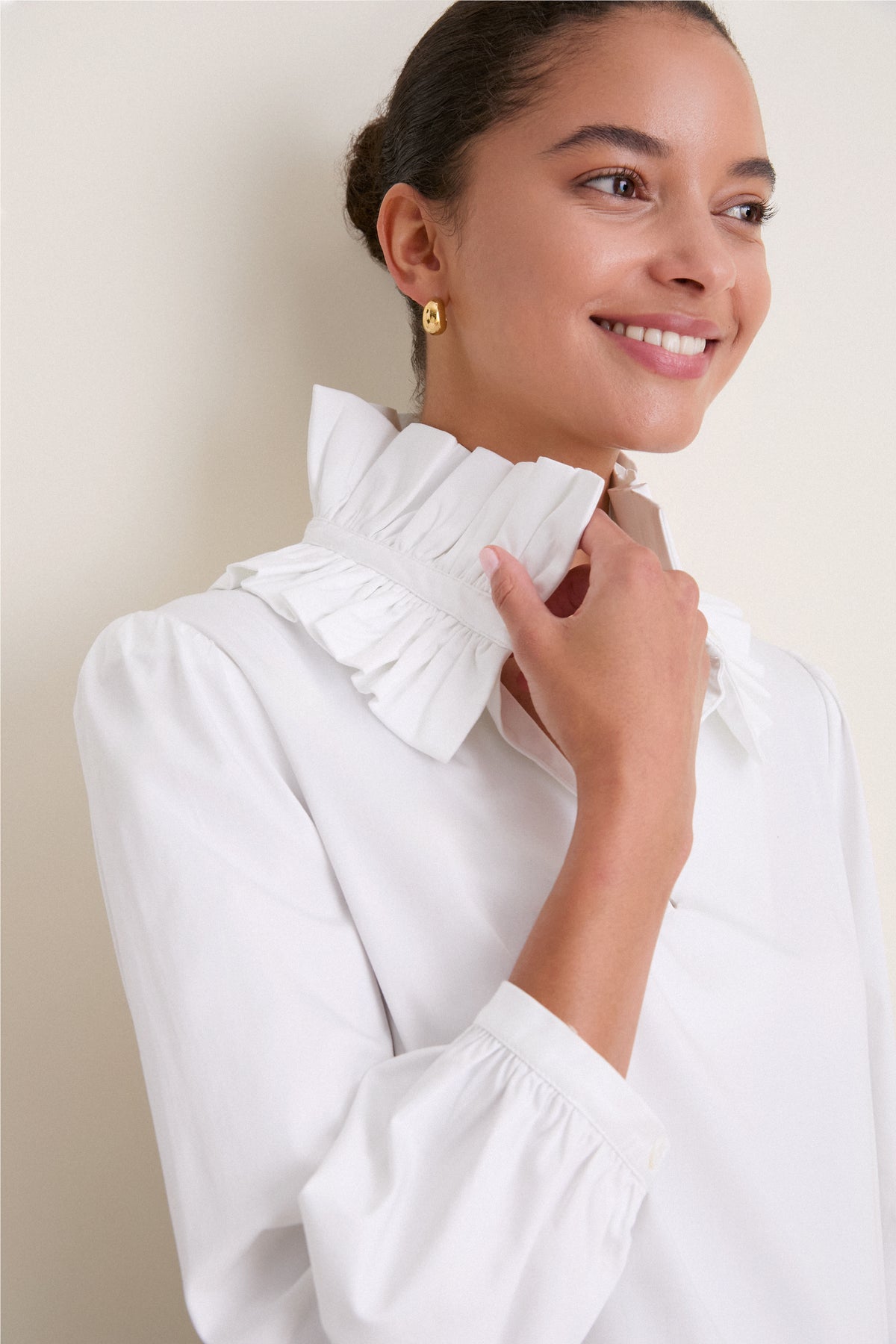 White Stretch Poplin Ruffle Neck Bouvier Blouse