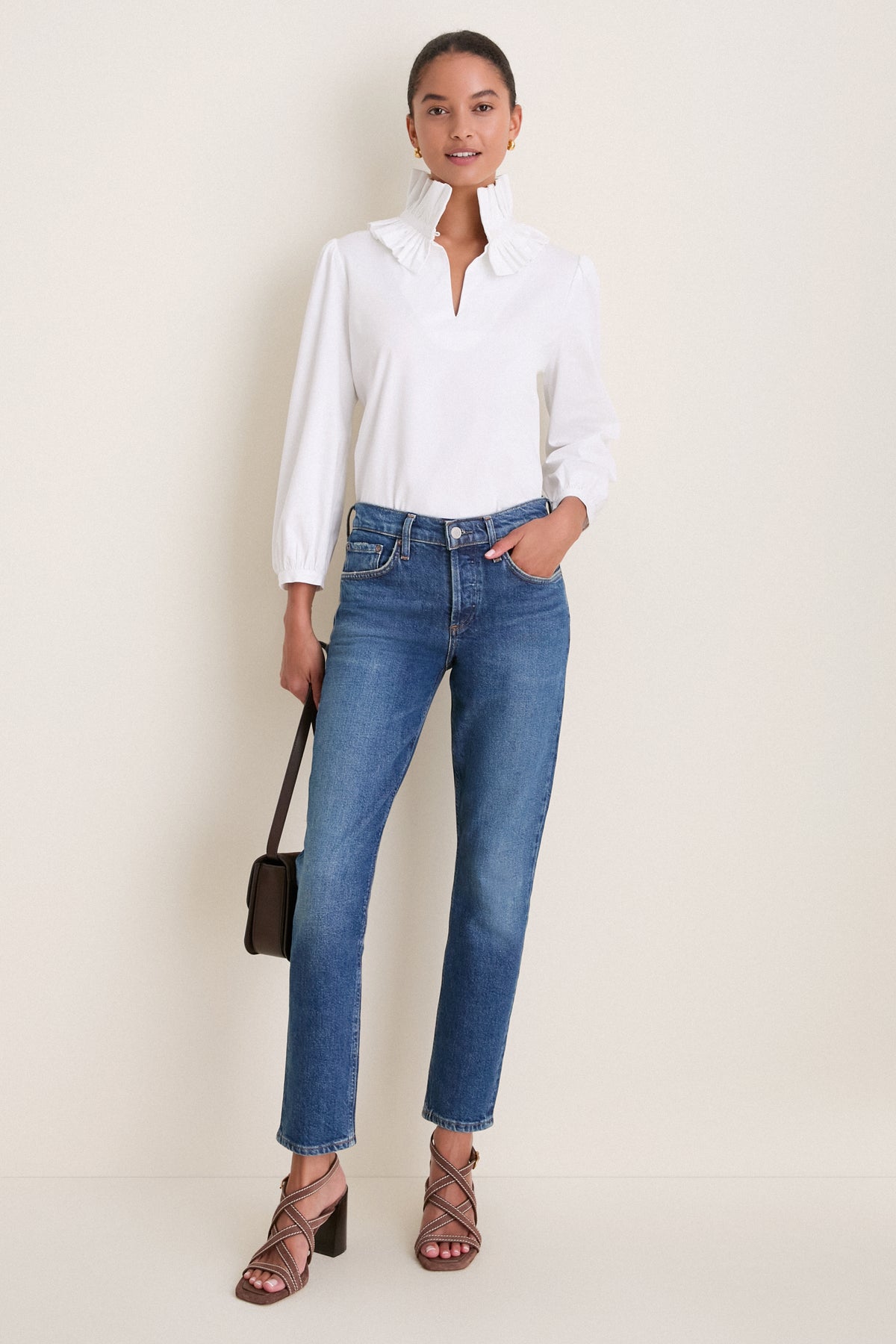 White Stretch Poplin Ruffle Neck Bouvier Blouse
