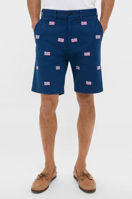 Navy American Flag Embroidered Stretch Twill Cisco Shorts, featuring classic design with side pockets, for an effortless, fun, high-end summer look. Perfect for any warm-weather occasion.