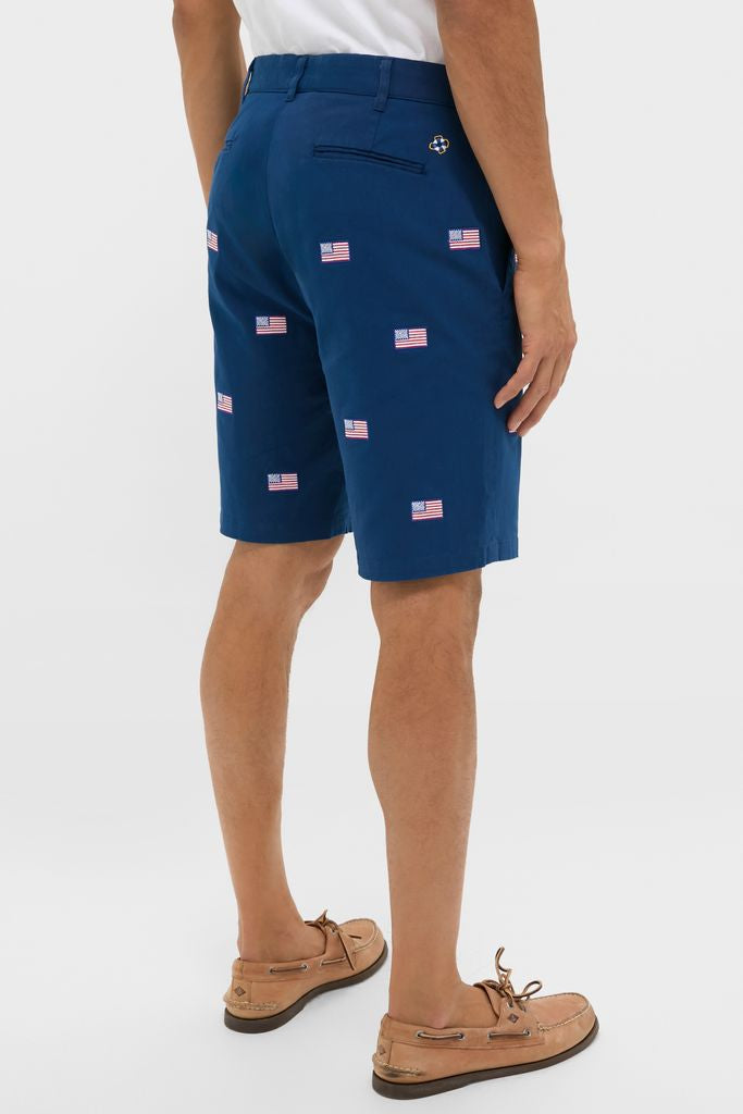 Classic Navy American Flag Embroidered Stretch Twill Cisco Shorts, offering an effortless, fun, high-end style with embroidered motifs, perfect for warm-weather activities.