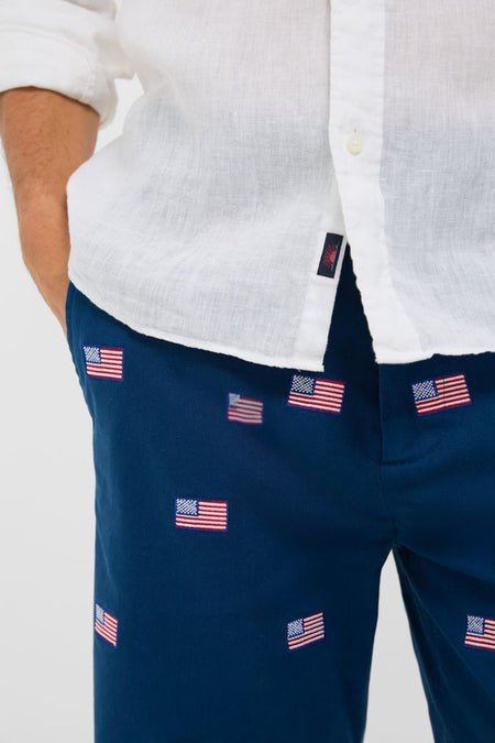 Classic Navy American Flag Embroidered Stretch Twill Cisco Shorts, effortlessly styled for summer fun, featuring a hand in pocket, ideal for high-end, warm-weather activities.