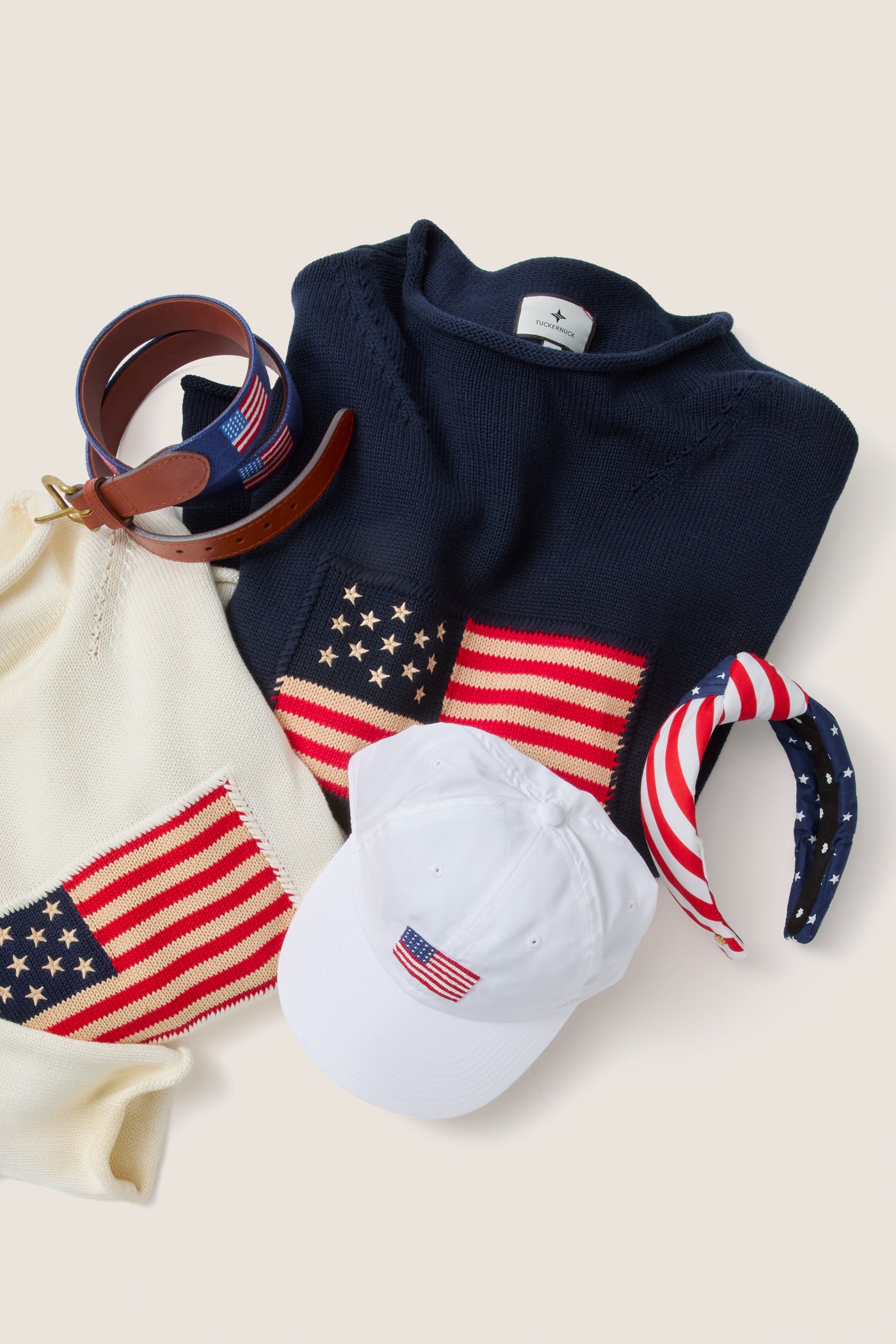 American Flag Needlepoint Belt by Smathers & Branson, surrounded by classic, effortless patriotic apparel and accessories, showcasing high-end craftsmanship with a fun, stylish U.S. flag motif.