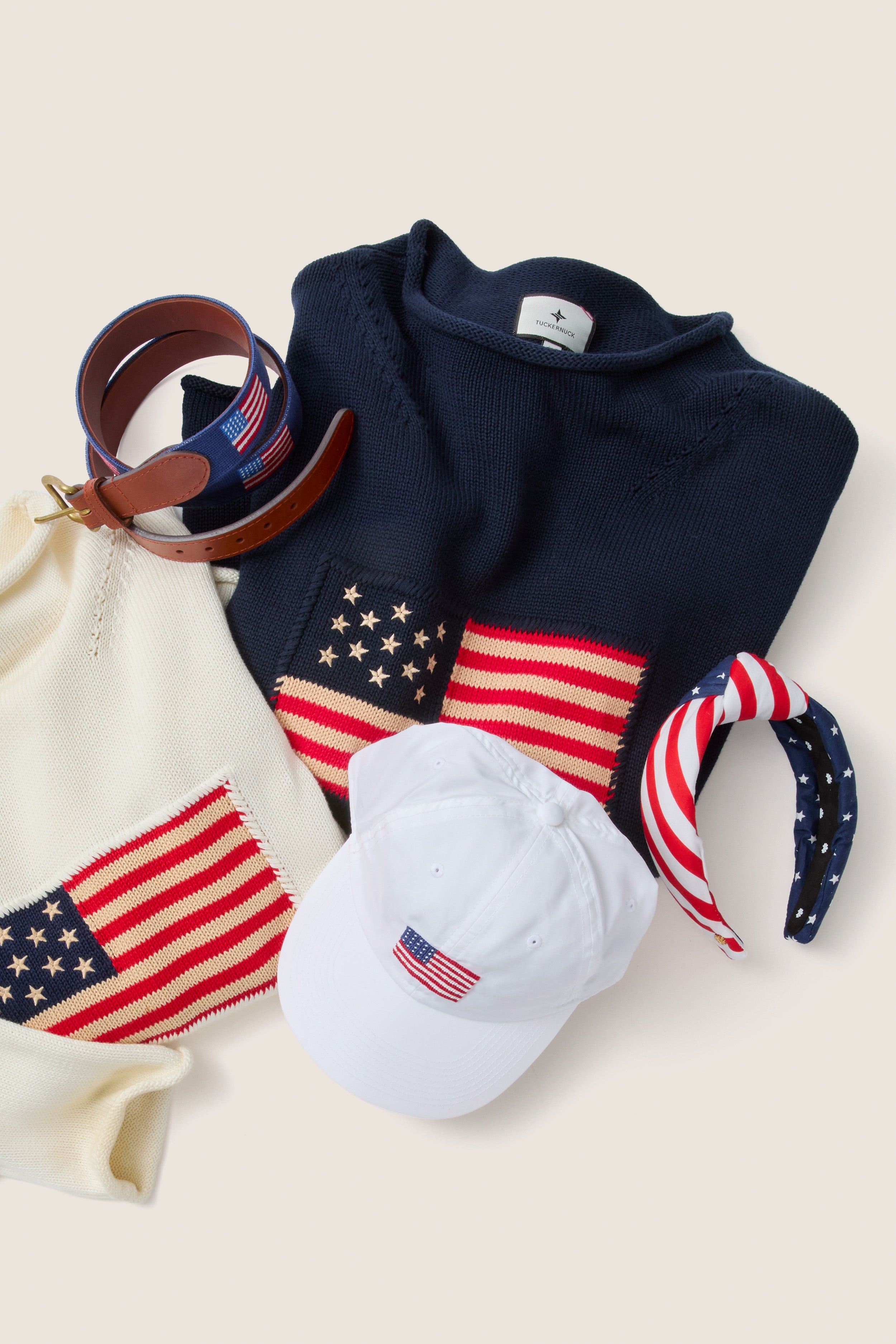 American Flag Needlepoint Belt by Smathers & Branson, surrounded by classic, effortless patriotic apparel and accessories, showcasing high-end craftsmanship with a fun, stylish U.S. flag motif.