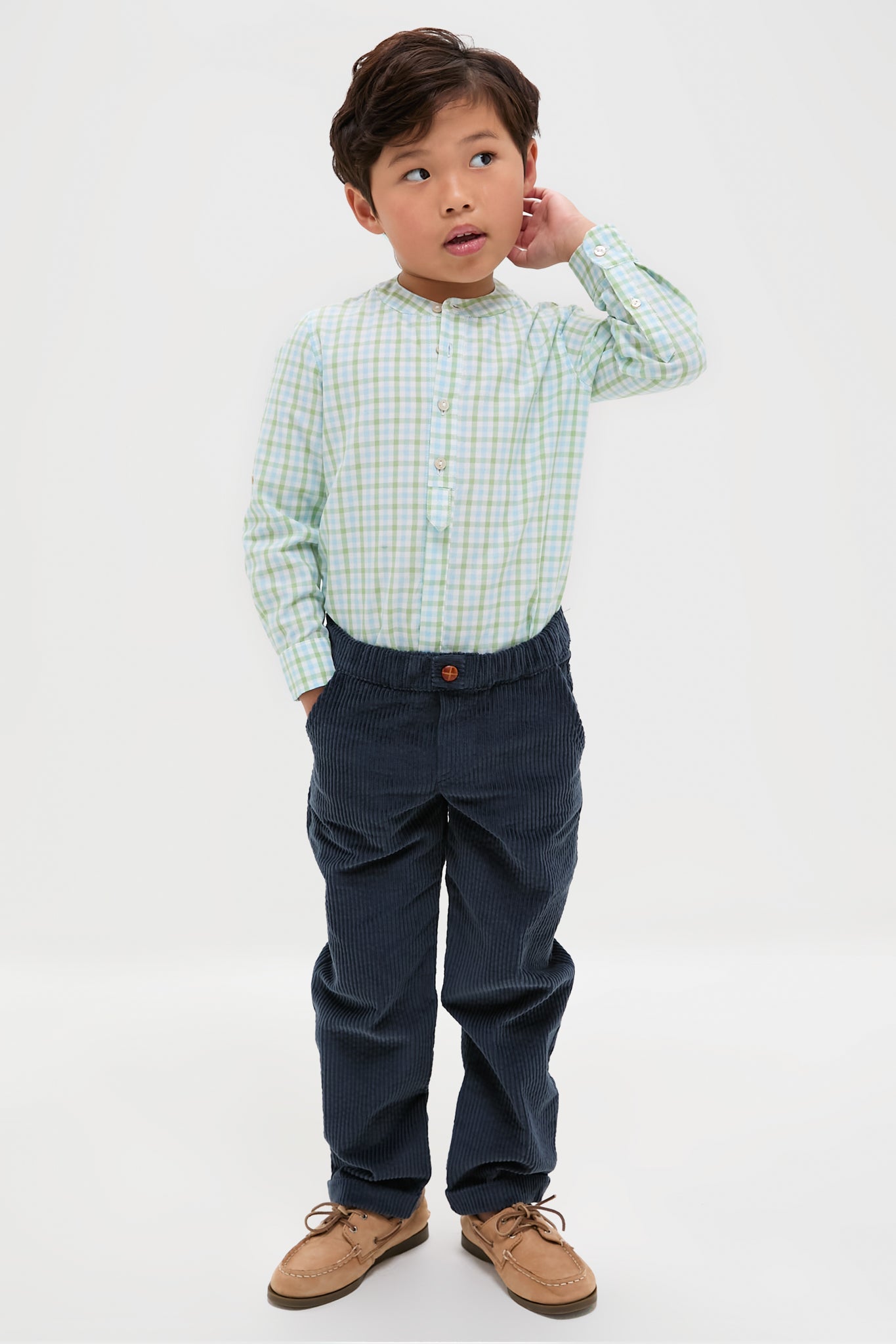 Maxwell Gingham Mao Collar Long Sleeve Shirt in Green