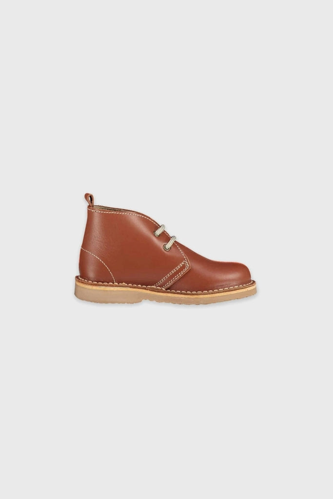 Classic Dark Tan Leather Kids Desert Boots, crafted from soft Nappa leather with effortless style, featuring a fun and durable design perfect for high-end, everyday adventures.