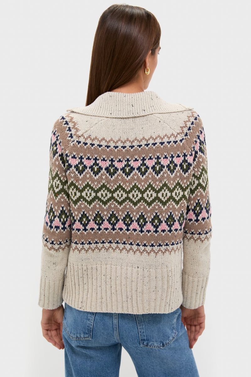 Eggshell Fair Isle Edna Sweater with classic geometric patterns and relaxed fit, effortlessly styled with jeans for a fun, high-end look.