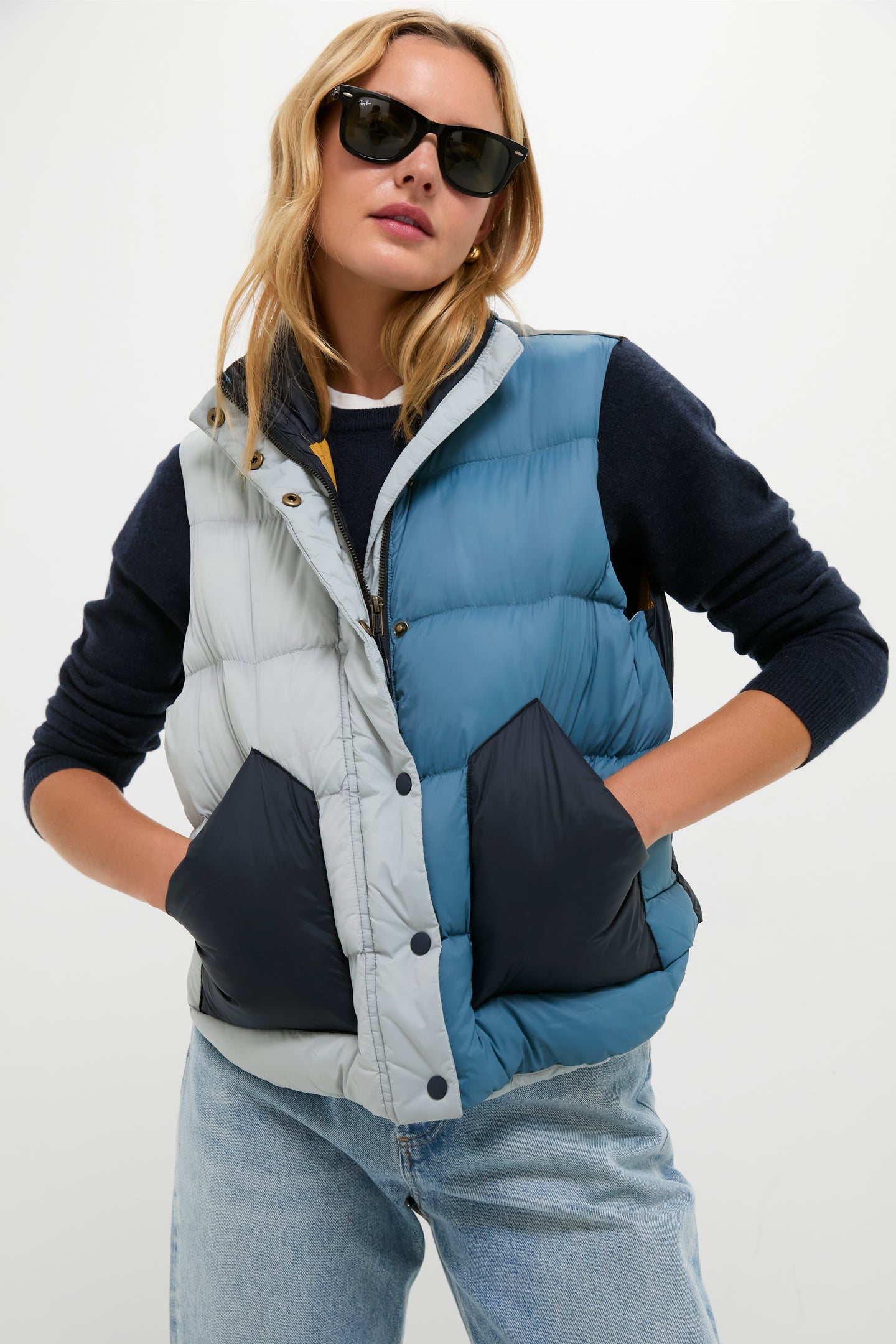Navy Colorblock The Down Polar Vest | THE GREAT. Outdoors