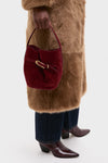 Maroon Suede Mini Belted Bucket Bag