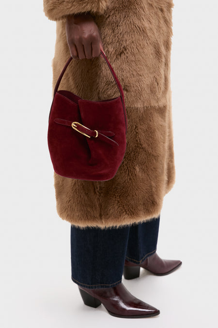 Maroon Suede Mini Belted Bucket Bag