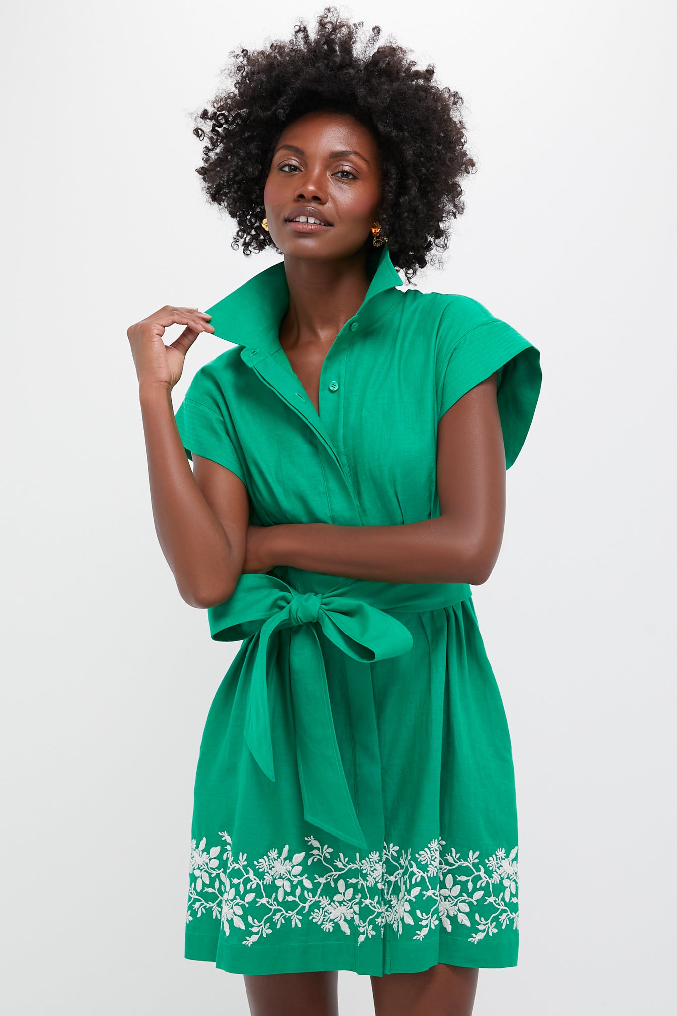 Garden Green Embroidered Cotton Linen Mini Callie Dress