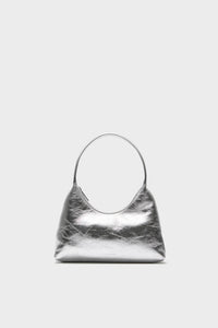 Silver Mini Candy Bag in metallic-silver, featuring a classic crescent shape and circular strap. Effortlessly high-end and fun, perfect for versatile, stylish outings.