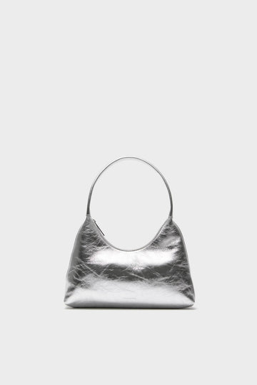Silver Mini Candy Bag in metallic-silver, featuring a classic crescent shape and circular strap. Effortlessly high-end and fun, perfect for versatile, stylish outings.