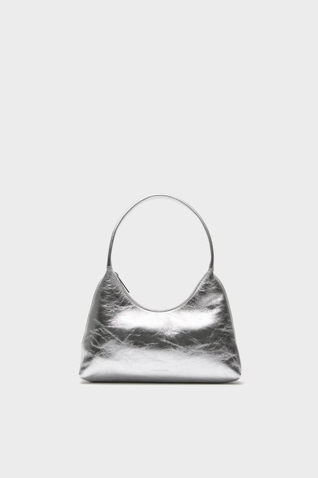 Silver Mini Candy Bag in metallic-silver, featuring a classic crescent shape and circular strap. Effortlessly high-end and fun, perfect for versatile, stylish outings.