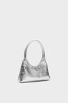 Silver Mini Candy Bag, a classic high-end shoulder bag with a curved strap and zip closure, crafted from Italian Specchio Calf Leather for an effortless, fun look.