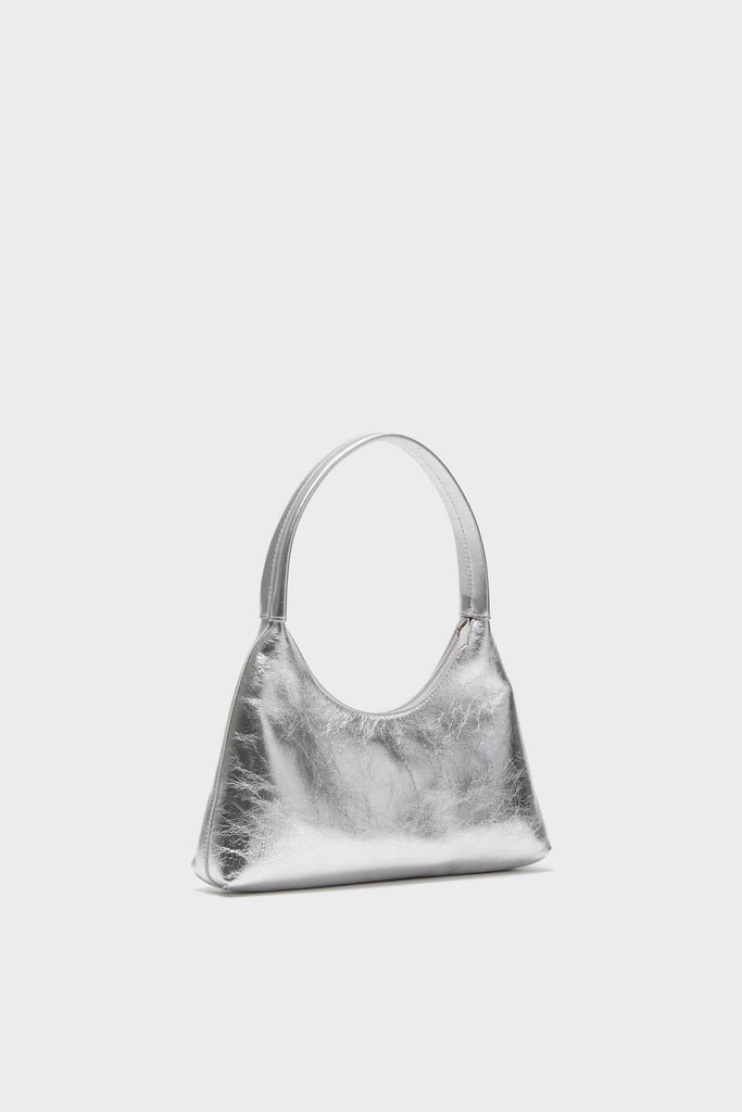 Silver Mini Candy Bag, a classic high-end shoulder bag with a curved strap and zip closure, crafted from Italian Specchio Calf Leather for an effortless, fun look.