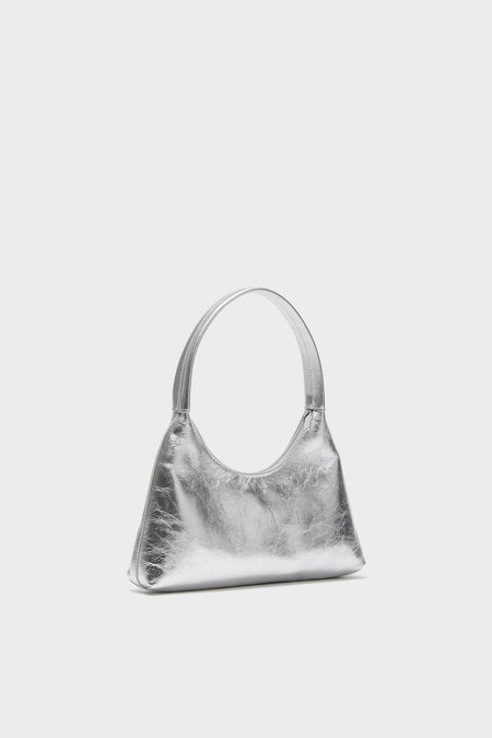 Silver Mini Candy Bag, a classic high-end shoulder bag with a curved strap and zip closure, crafted from Italian Specchio Calf Leather for an effortless, fun look.