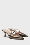 Gunmetal Leather Mimi Heels: Classic mule-style with pointed toes, sleek diagonal strap, and low kitten heels. Effortlessly high-end for fun, versatile styling.