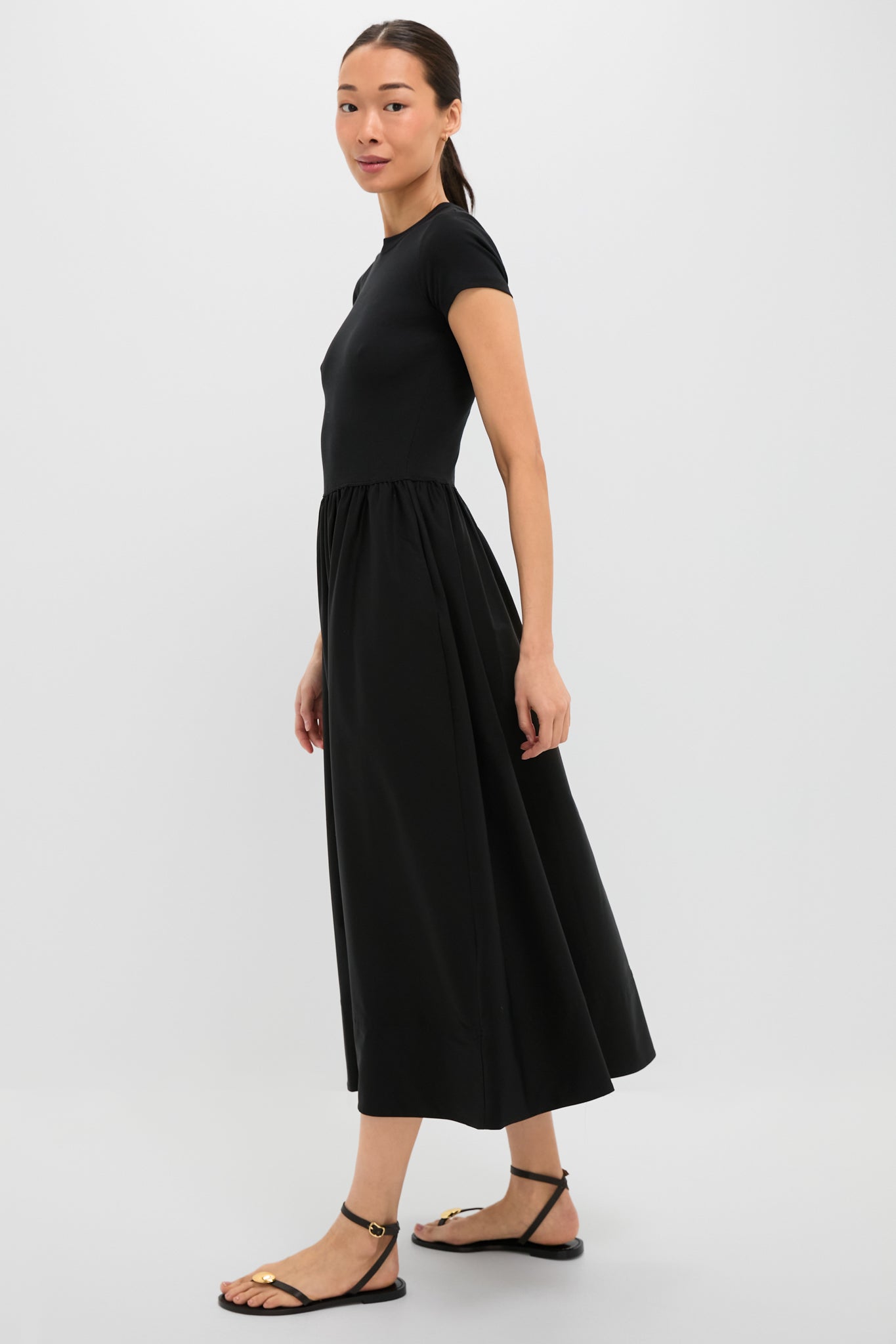 Black Rib Knit Crew Neck Short Sleeve A-Line Dress