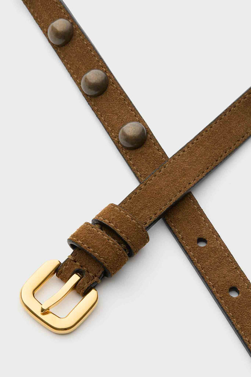 Tobacco and Gold Studded Skinny Belt