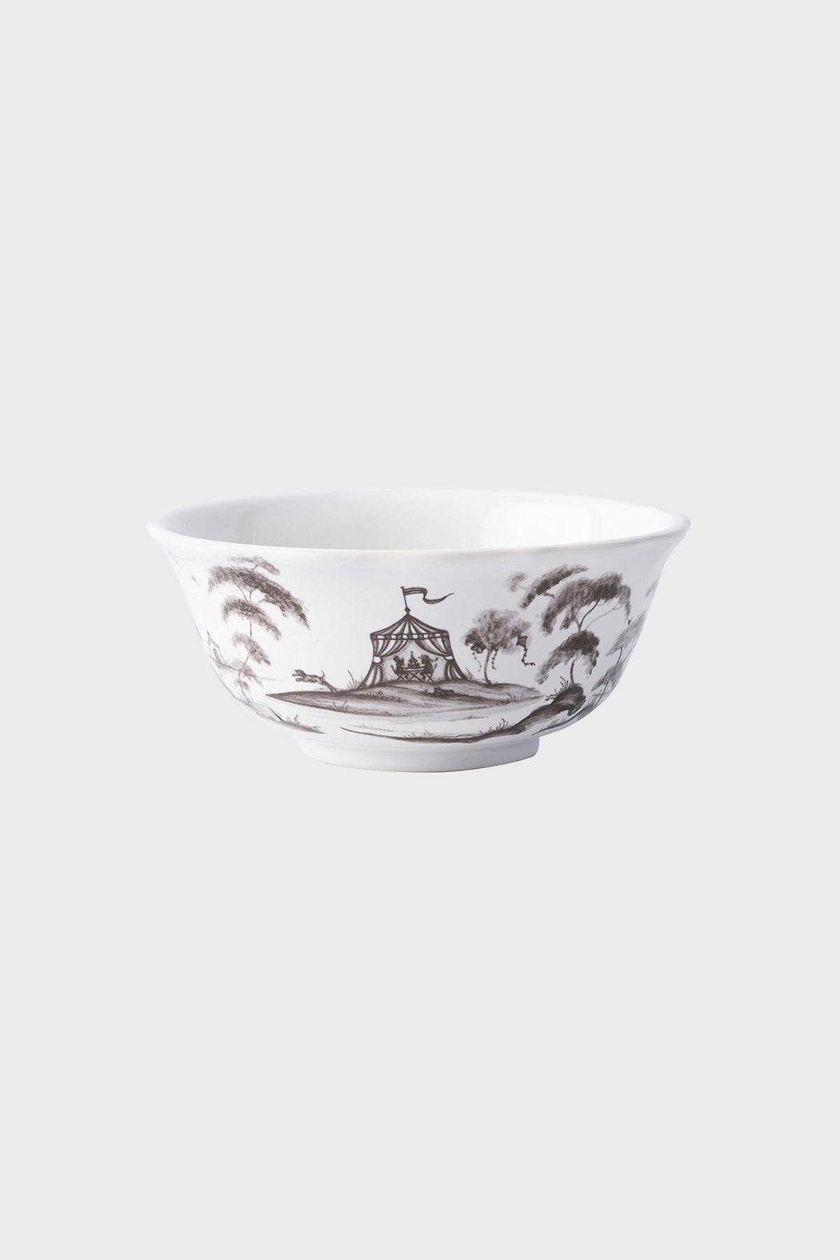 Classic Flint Country Estate Cereal/Ice Cream Bowl with hand-sketched pastoral scenes, featuring a tent and trees, embodies effortless, high-end dining with fun charm.