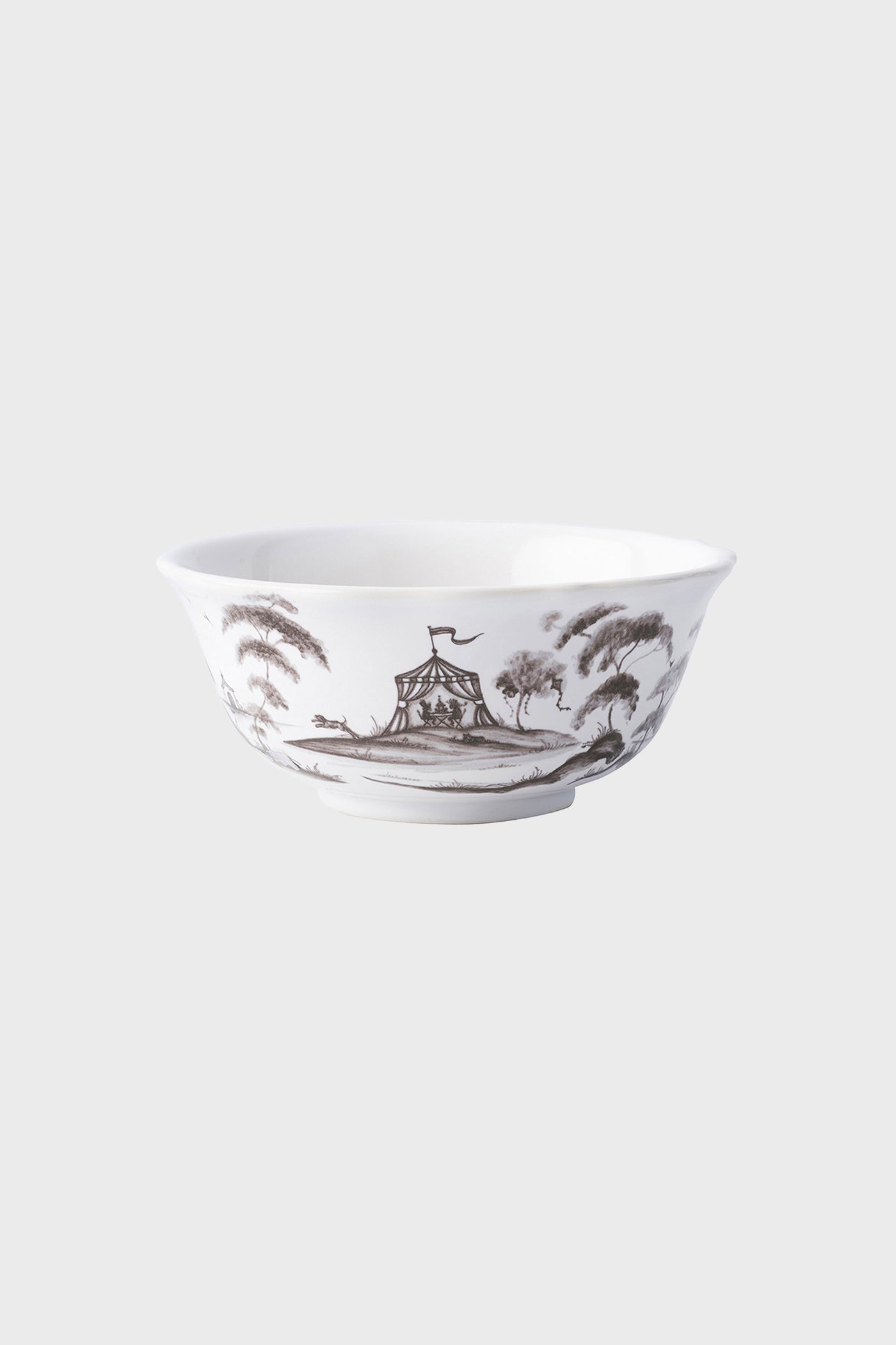 Classic Flint Country Estate Cereal/Ice Cream Bowl with hand-sketched pastoral scenes, featuring a tent and trees, embodies effortless, high-end dining with fun charm.