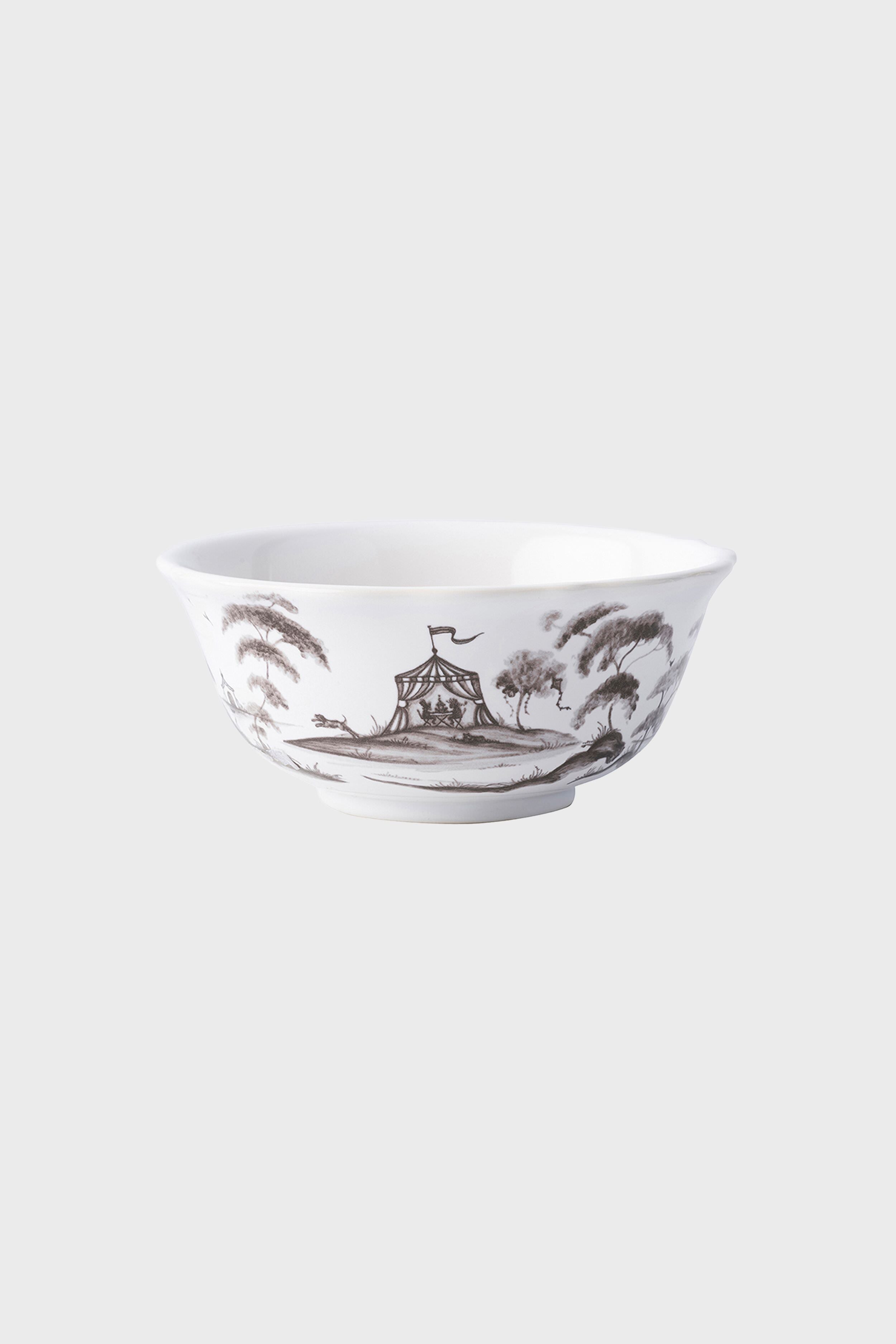 Classic Flint Country Estate Cereal/Ice Cream Bowl with hand-sketched pastoral scenes, featuring a tent and trees, embodies effortless, high-end dining with fun charm.