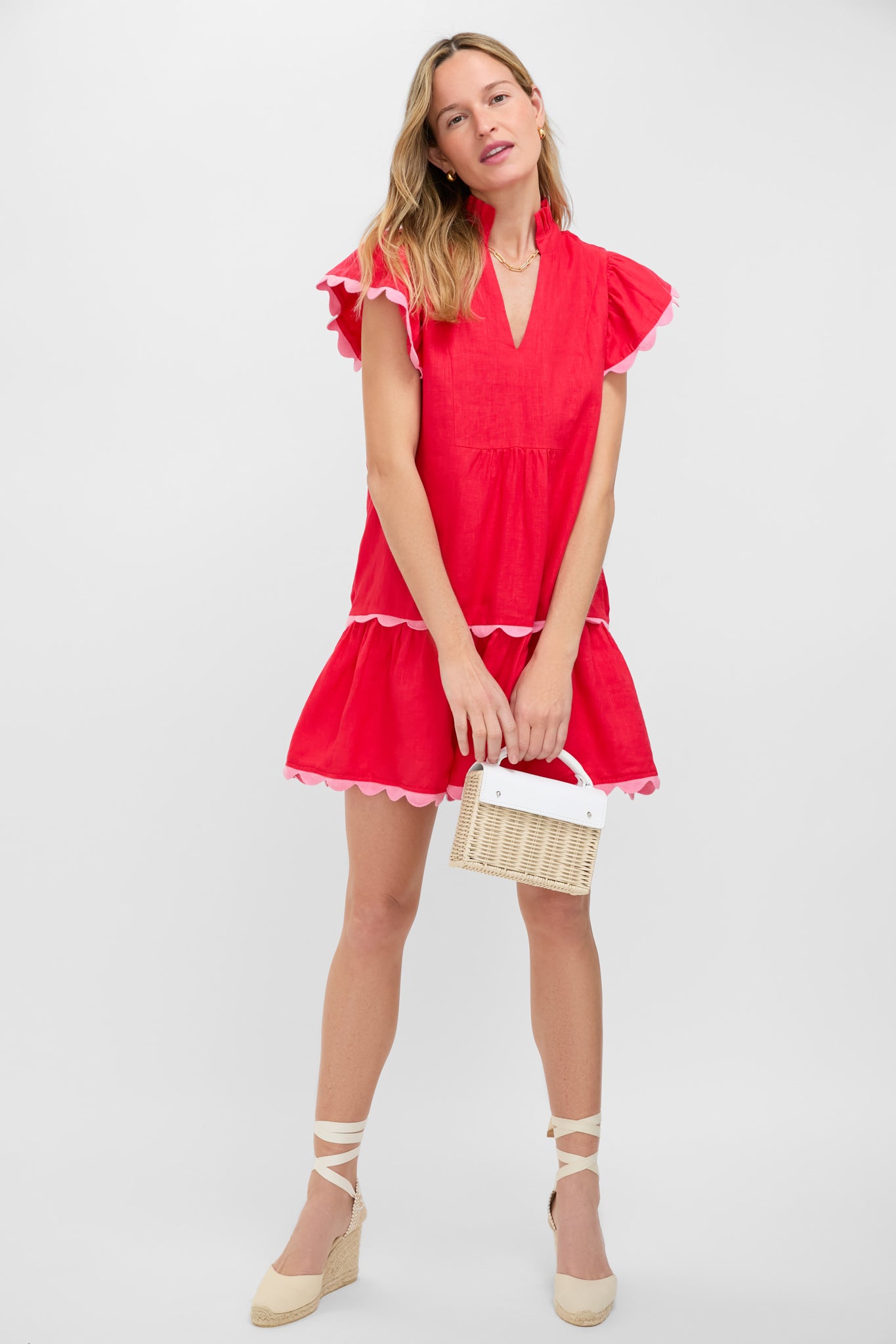 Hibiscus Red Linen Flutter Sleeve Bella Dress