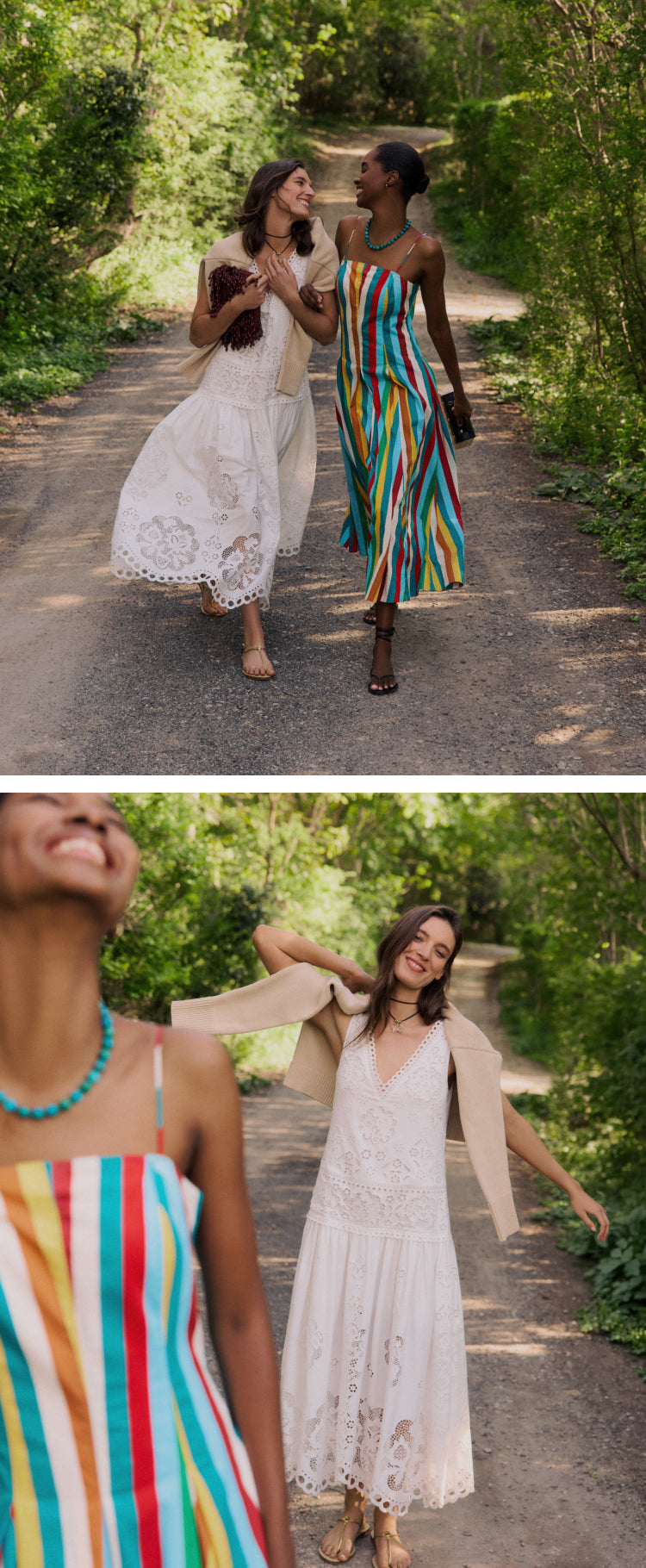 Top: Two women walking down a dirt road. One in a white dress with a tan sweater on her shoulders the other in a rainbow stripe dress. Bottom: Closeup of the two women walking 