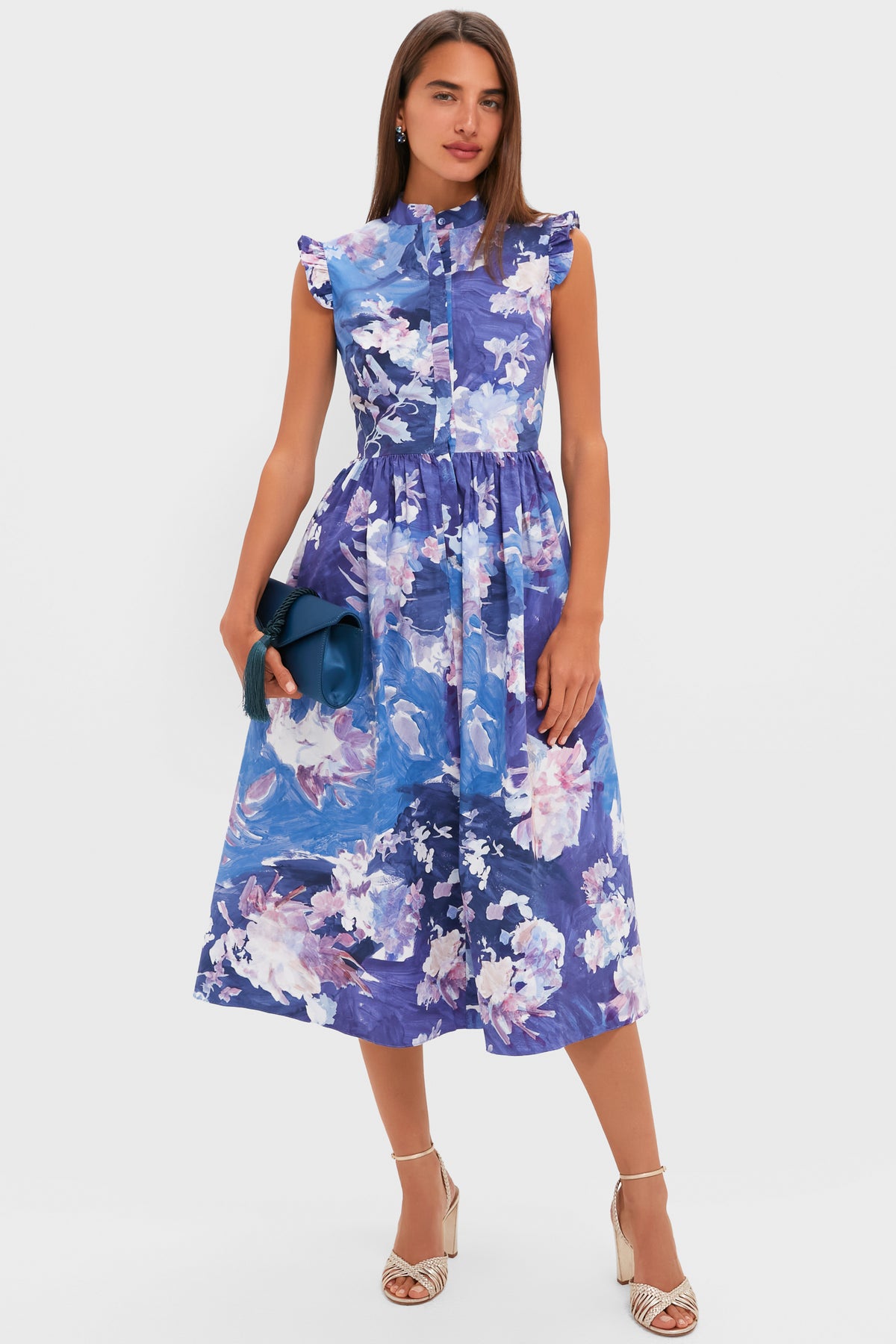 Artist Garden Pale Cobalt Sleeveless Flared Midi Dress | ERDEM Artist Garden Pale Cobalt Sleeveless Flared Midi Dress | ERDEM