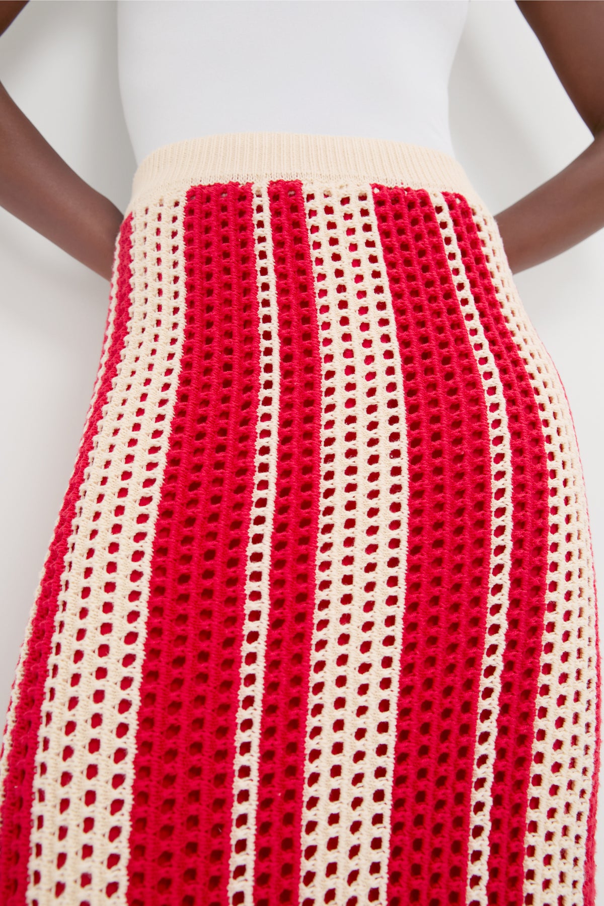 Burnt Red & Beige Striped Knit Renly Midi Skirt