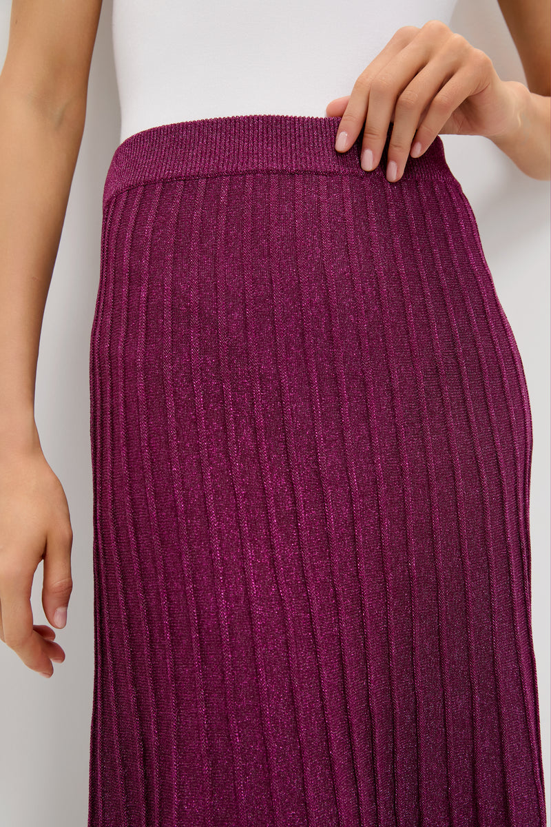 Plum Shimmer Knit Pleated Arion Midi Skirt