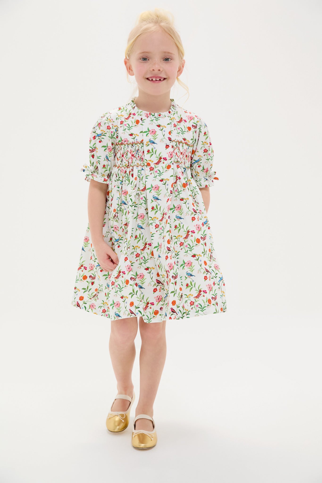 Ivory Bird Floral Carla Hand-Smocked Girls Dress
