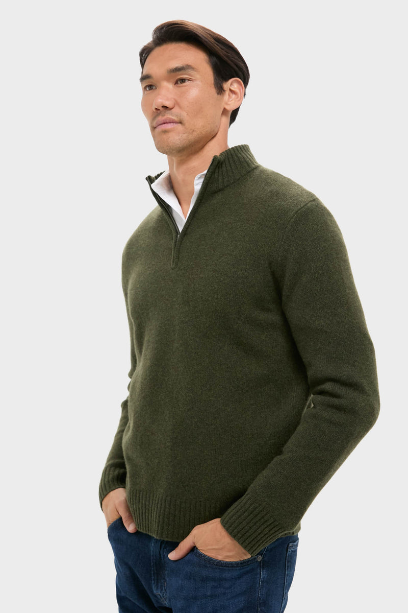Green Cashmere Wool Jersey Knit Quarter-Zip
