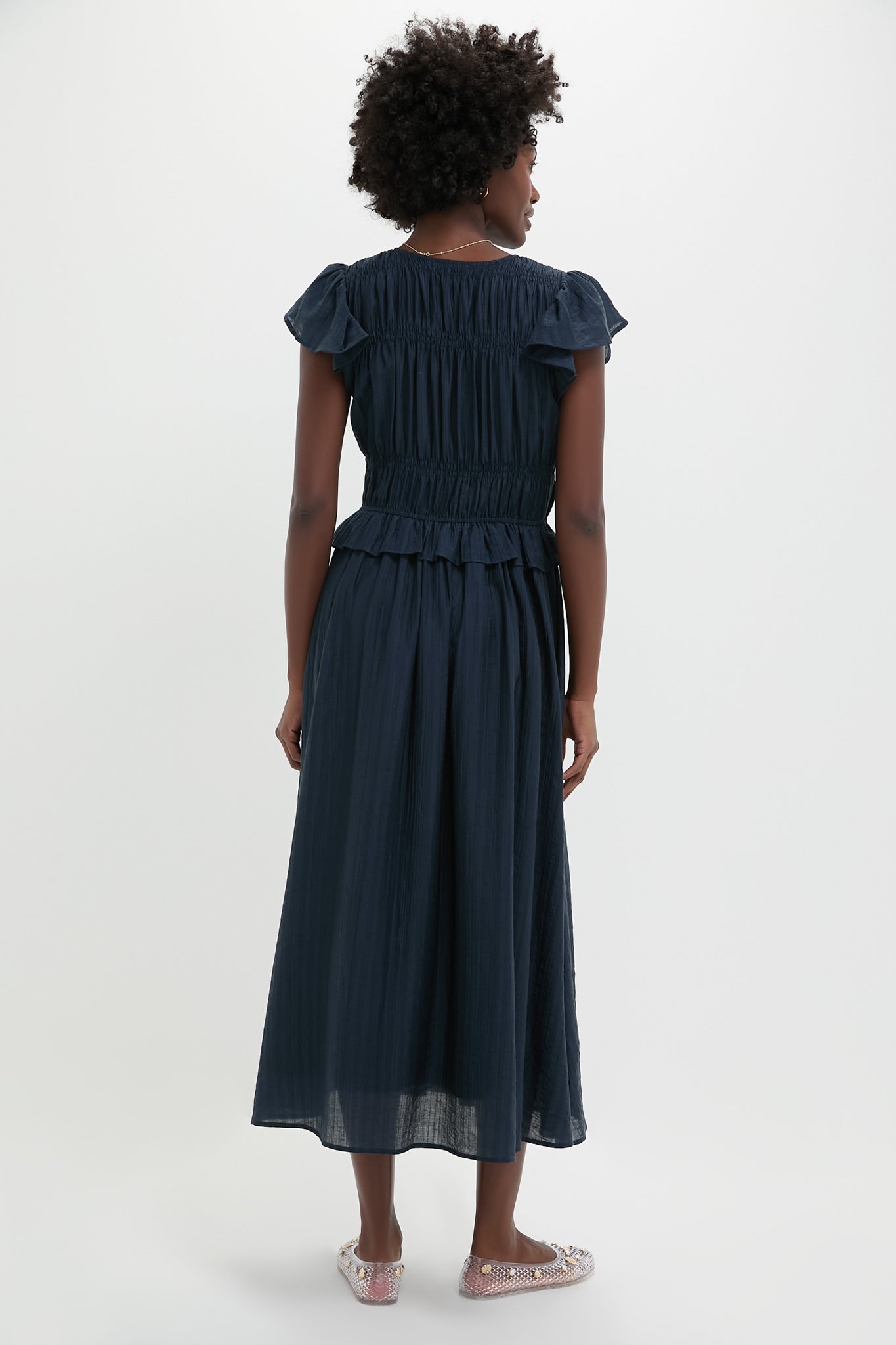 Navy Flutter Sleeve Tie Front Midi Dress