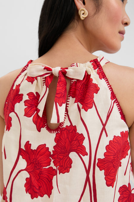 Cream and Red Noelle Floral Linen Halter Top