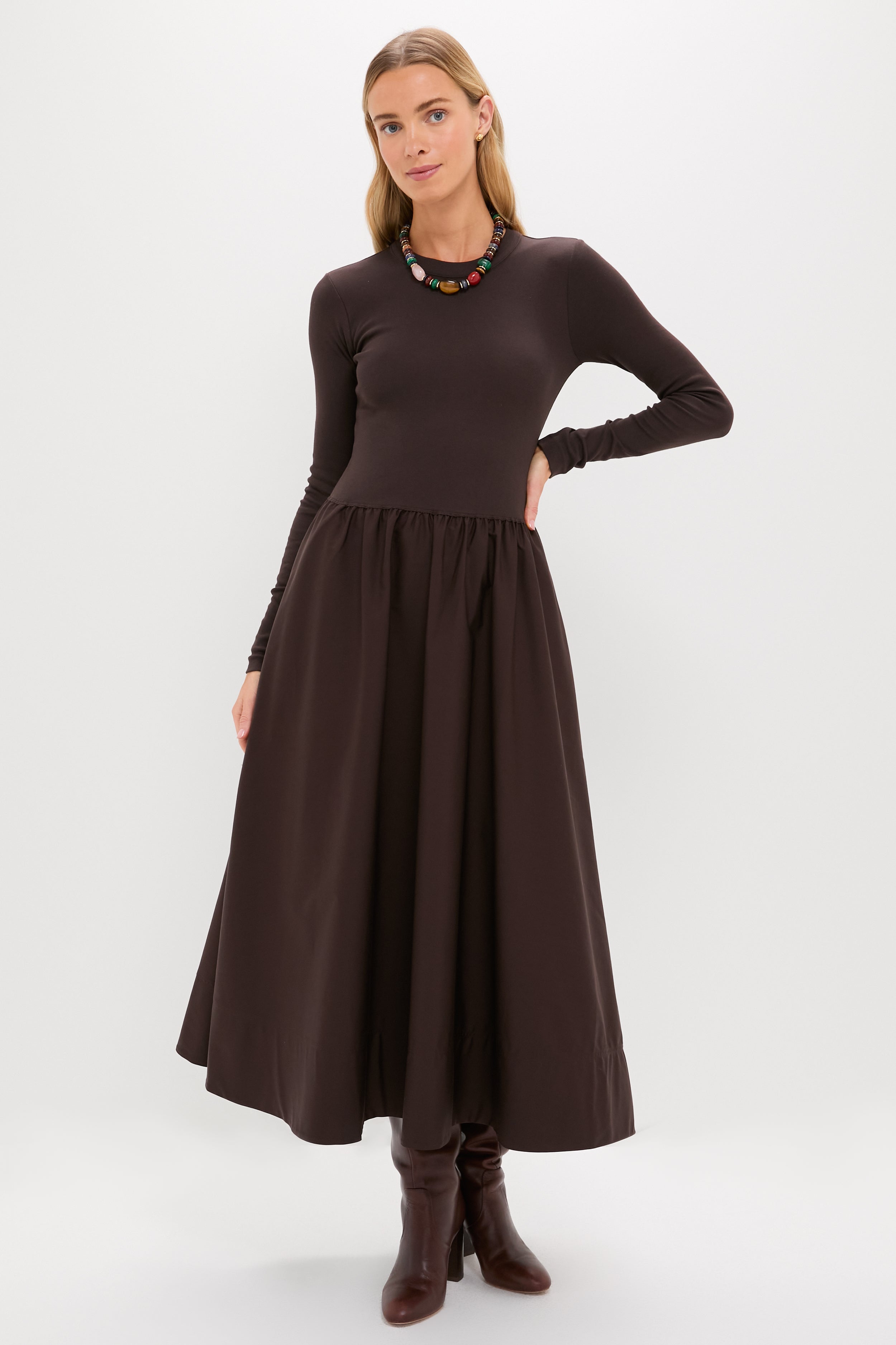 Squire Brown Rib Knit Crew Neck Long Sleeve A-Line Dress | Polo