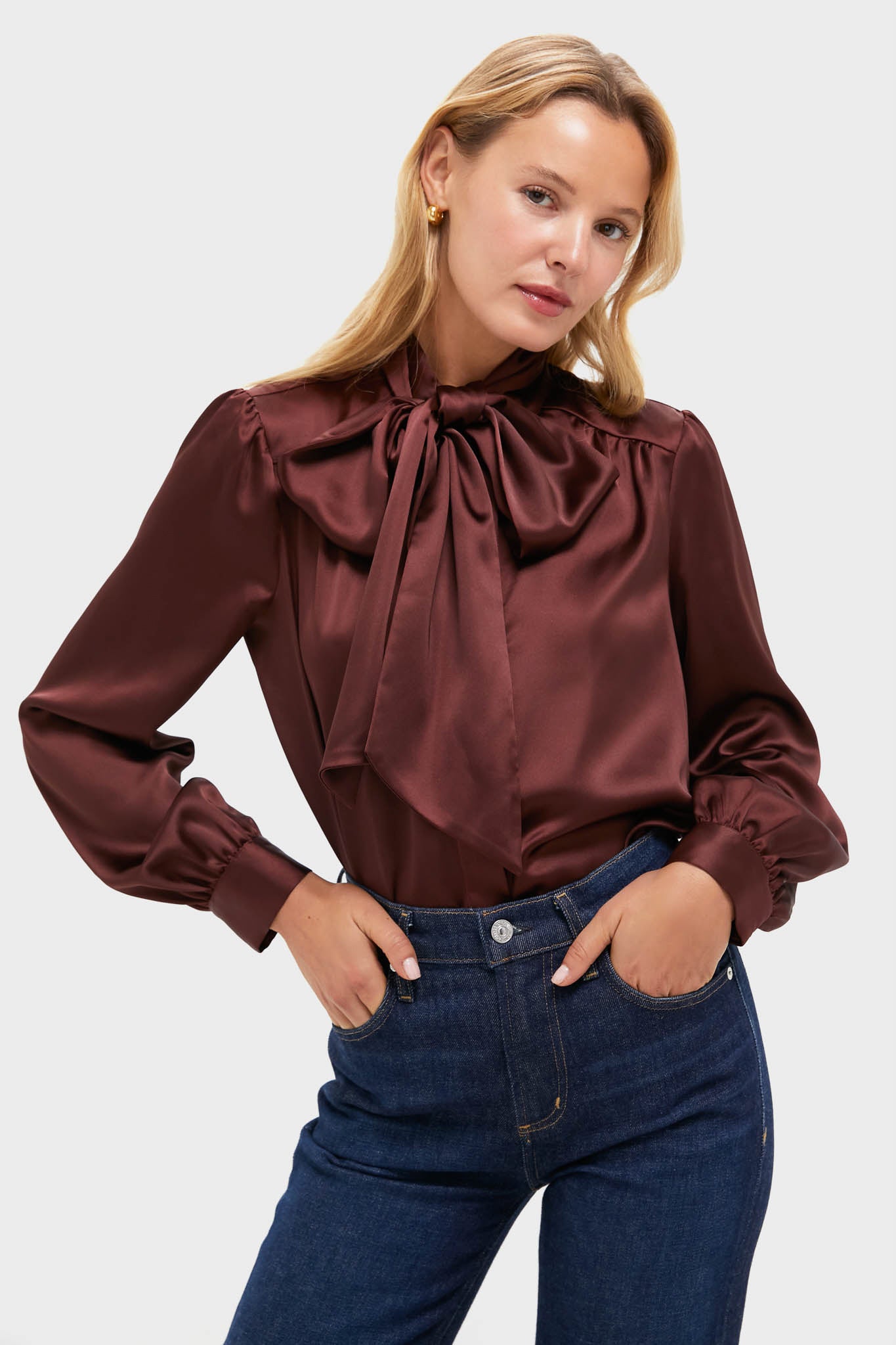 Chocolate Satin Brianna Bow Blouse | Tuckernuck