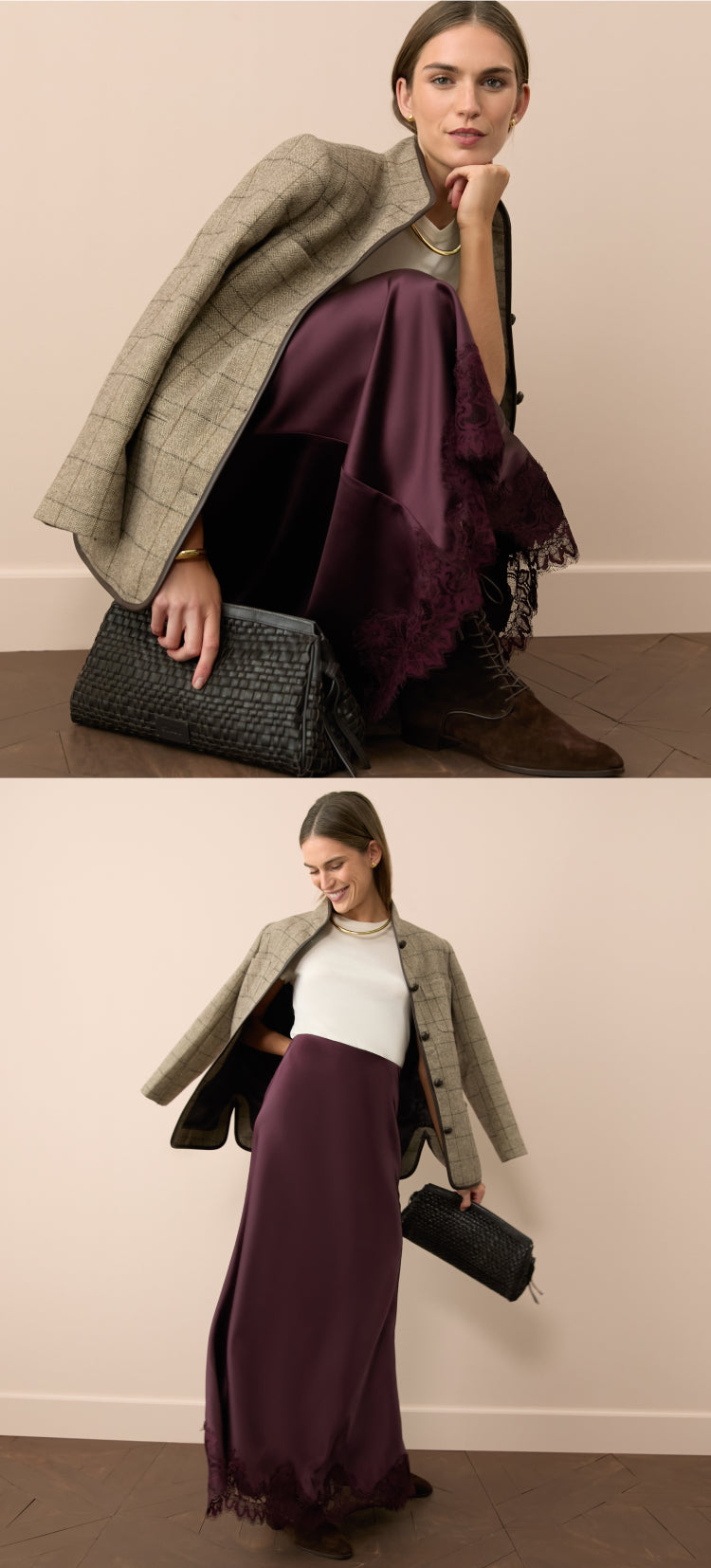 Woman in a cream cashmere tee and an oxblood satin skirt. 