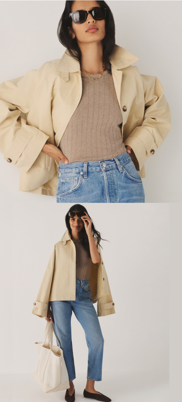 Woman in a cropped trench coat, tan tee, and jeans. 