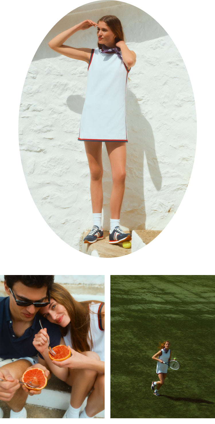 Top: A woman standing in front of a white wall in a white tennis dress. Bottom Left: Man and woman sitting together eating grapefruit. Bottom Right: Woman running with a tennis racket. 