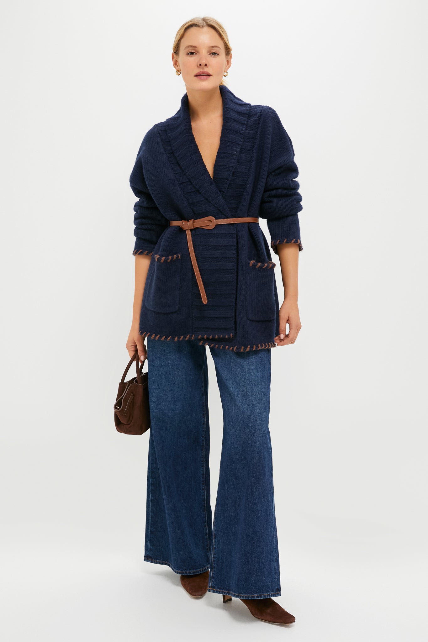 Navy and Brown Blanket Stitch Harrow Cardigan | Tuckernuck