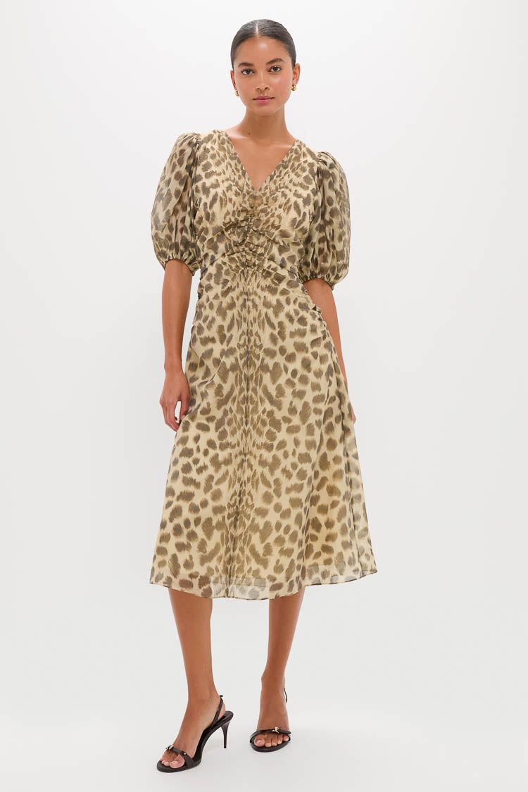 Cream Claude Print Puff Sleeve Midi Dress