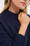 Navy Genevieve Cashmere Wool Blend Crewneck Sweater featuring a classic chunky knit, ribbed finishes, and a boxy fit, exuding effortless, high-end style.