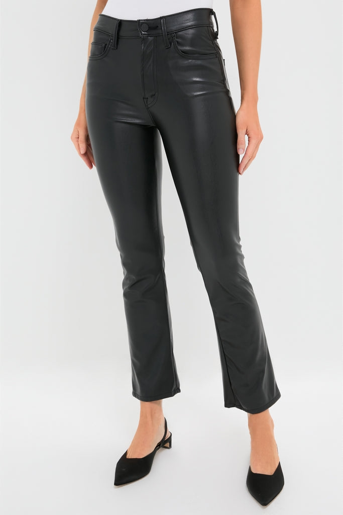 Exclusive Black Faux Leather The Insider Flood pants with high-rise, slim-fit, and slight ankle flare, paired with sling-back heels for a classic, effortless, and fun high-end look.