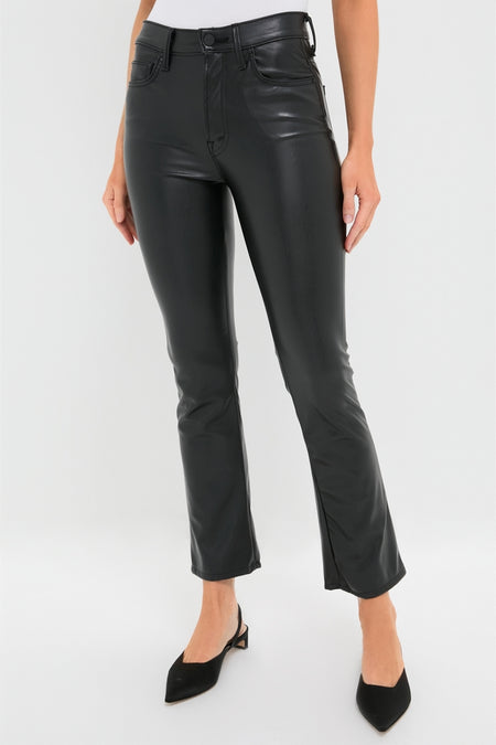 Exclusive Black Faux Leather The Insider Flood pants with high-rise, slim-fit, and slight ankle flare, paired with sling-back heels for a classic, effortless, and fun high-end look.