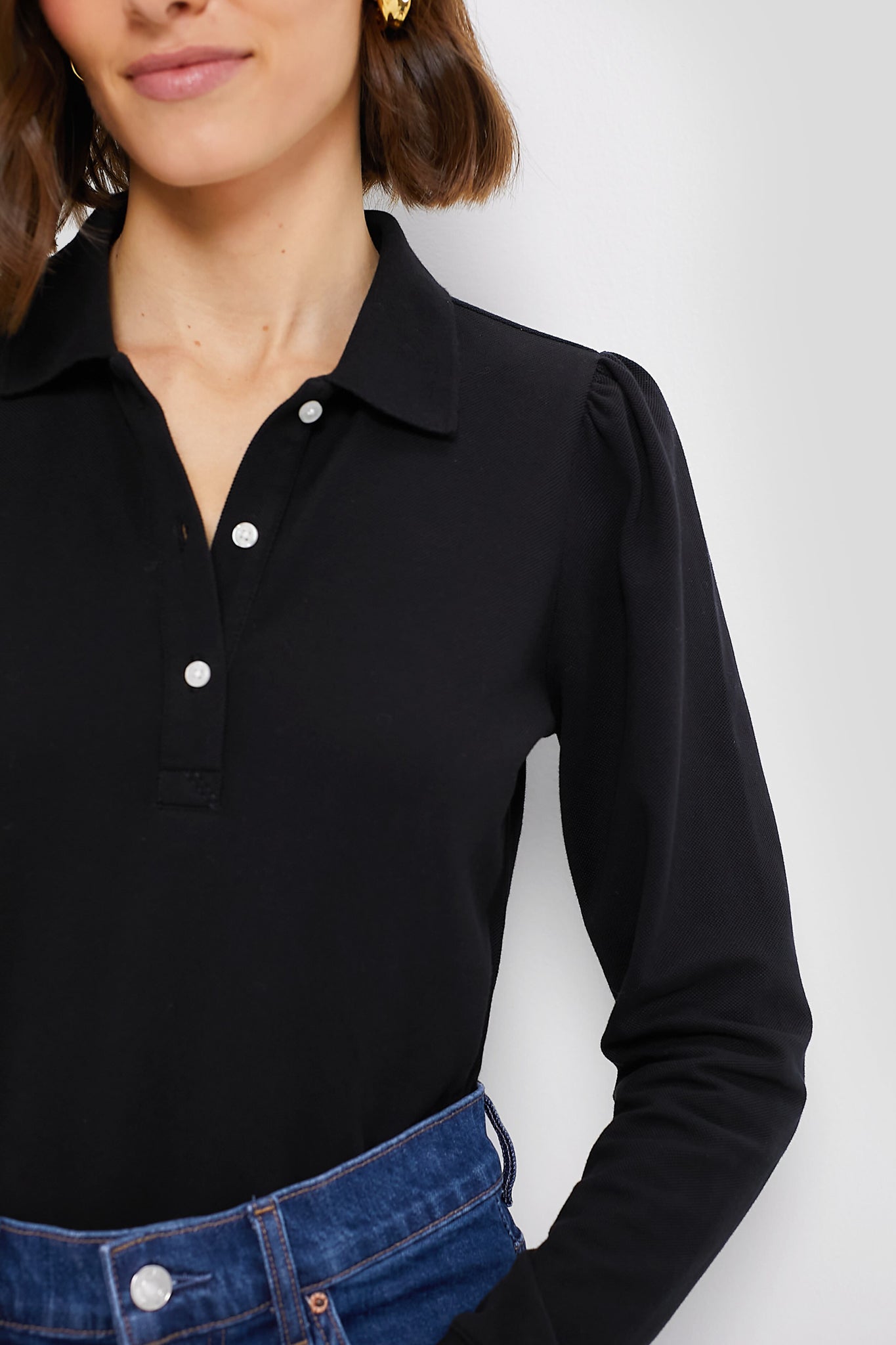 Black Long Sleeve Pique Puff Sleeve Peggy Polo | Tuckernuck