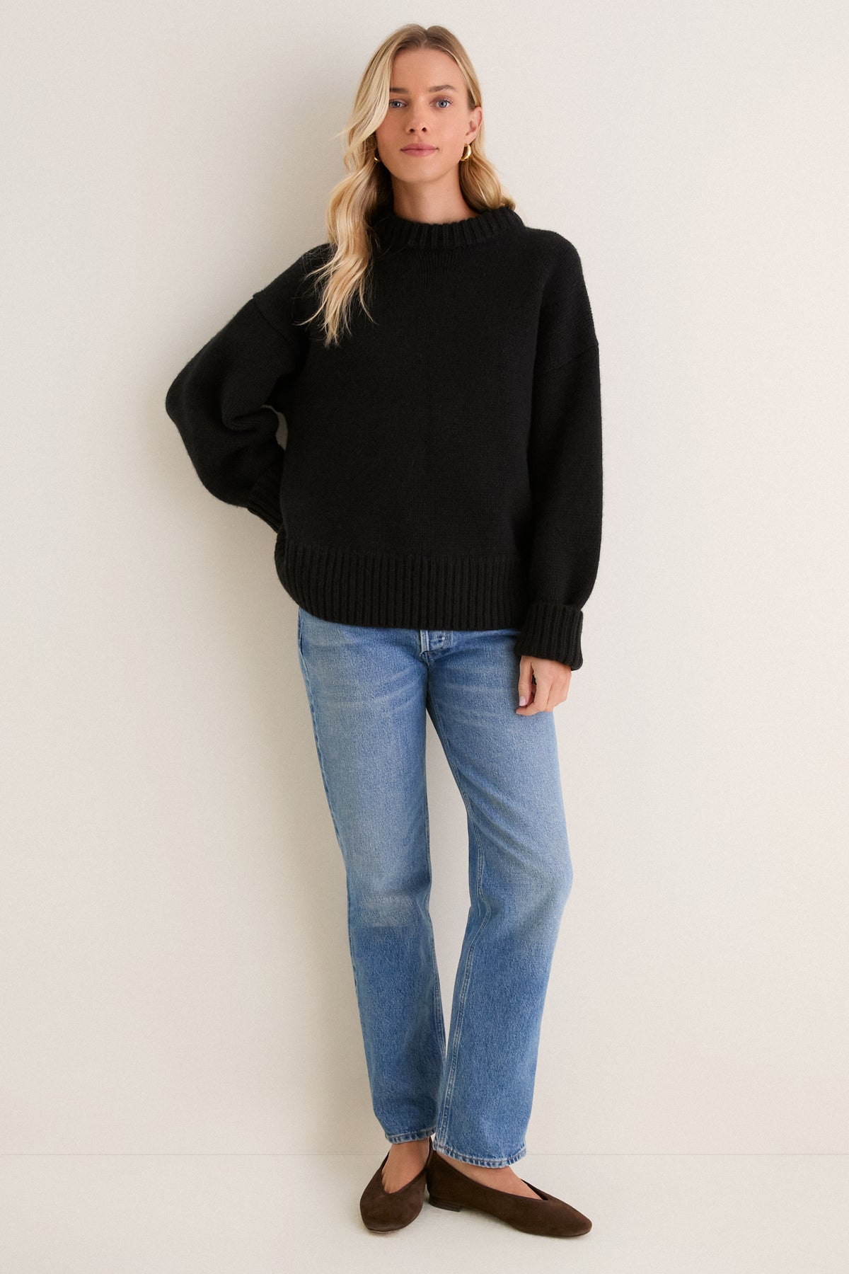 Black Genevieve Cashmere Wool Blend Crewneck Sweater