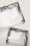 Noir Cypress Toile PVC Wide Large Pouch featuring classic toile trim and gold zipper; effortlessly stylish for travel or home use. Fun, high-end storage solution.