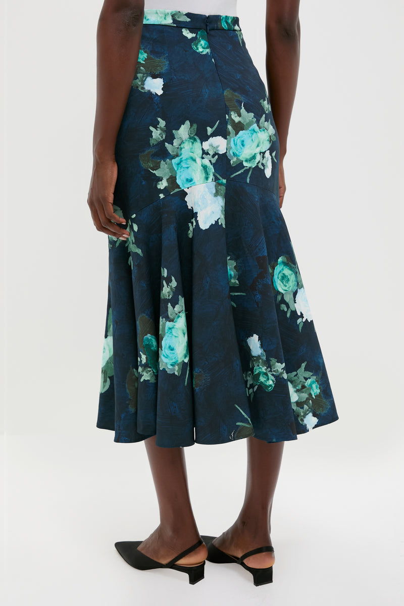 Abstract Rose Navy Fluted Midi Skirt