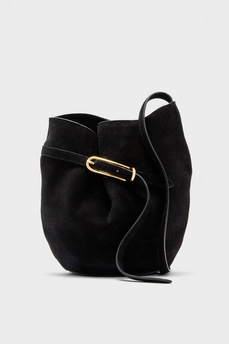 The Liffner Black Suede Belted Bucket Bag features a curved silhouette, Italian craftsmanship, a gold buckle, and a single black strap.